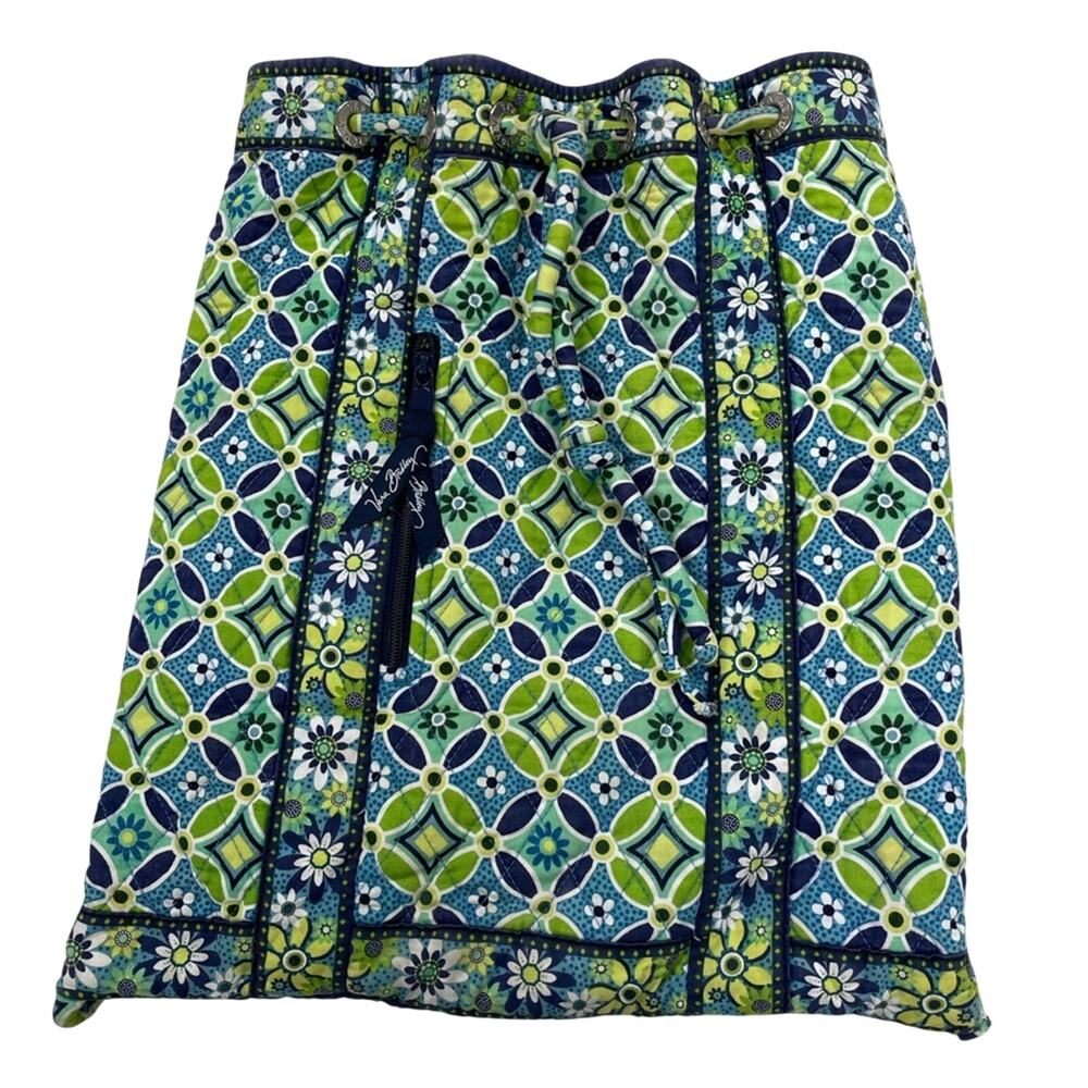 Vera Bradley Green & Blue Floral Fabric Backpack Bag Drawstring Boho Daisy